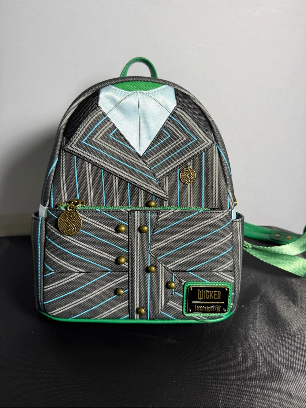 Loungefly Wicked Gray Mini Backpack with Green & Blue Accents